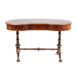 A Victorian marquetry inlaid burr walnut kidney shaped ladies writing table with inset leathered
