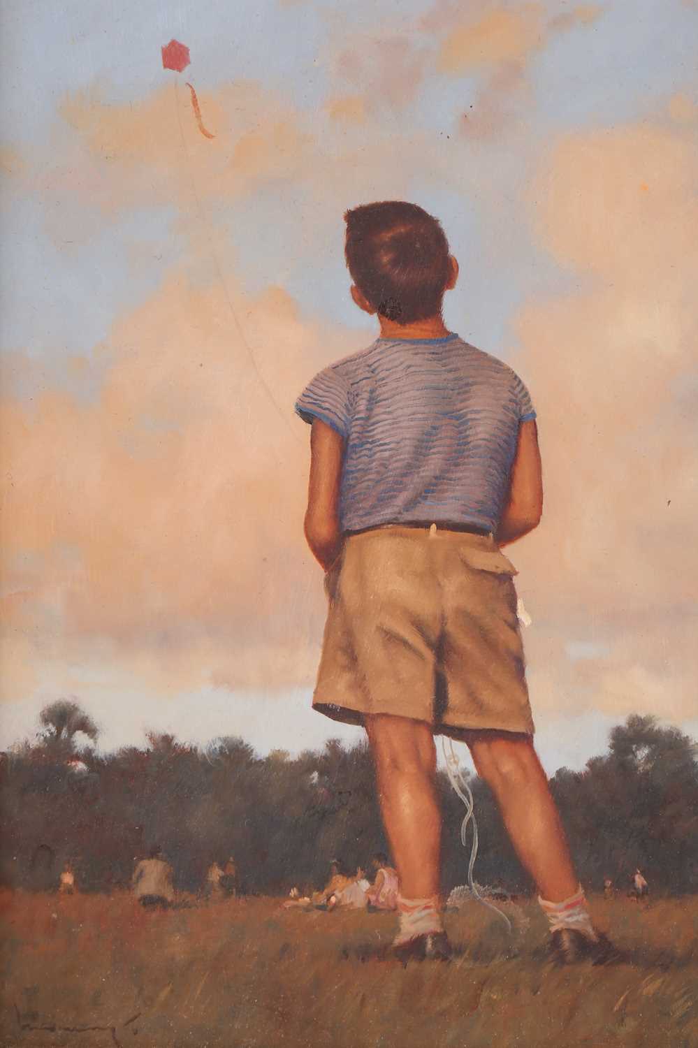 20th century British school, study of a boy flying a kite on a summer's day, indistinctly signed oil - Image 2 of 4