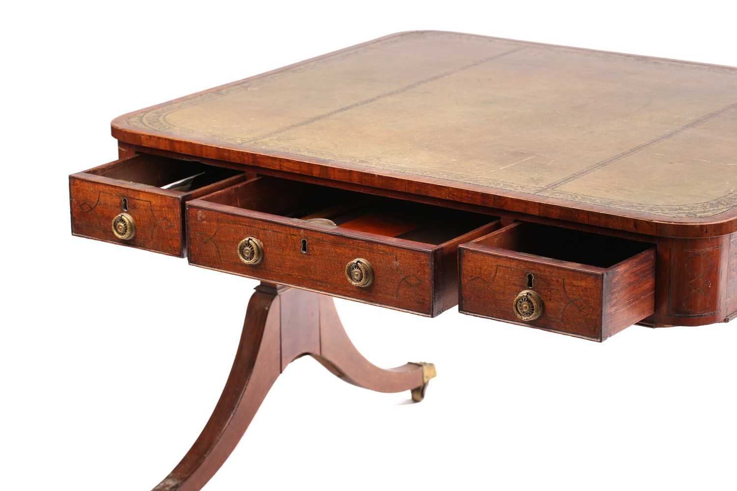 An unusual George IV ebony strung library table with crossbanded and tooled leather inset top with - Image 2 of 5