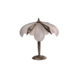 An Art Deco frosted glass and pewter effect table lamp with moulded and frosted lobed shade with