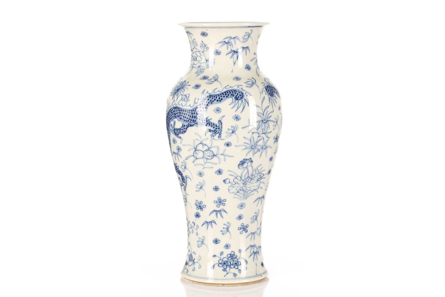 A Chinese blue & white porcelain dragon vase, painted with two opposing dragons amongst auspicious - Image 5 of 5