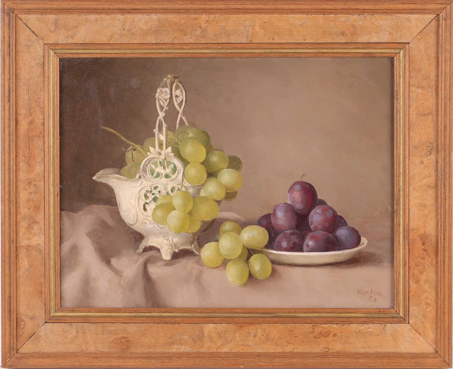 Gerald Norden (1912-2000), 'Grapes and Plums', still life oil on board, signed and dated 1983, 22.