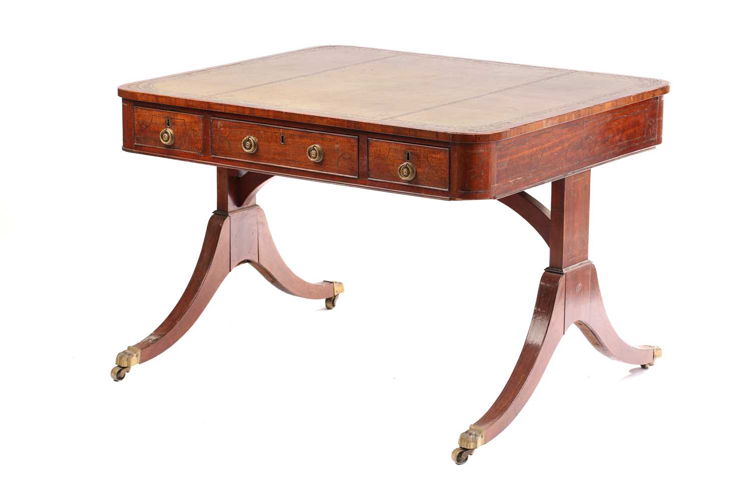 An unusual George IV ebony strung library table with crossbanded and tooled leather inset top with - Image 5 of 5