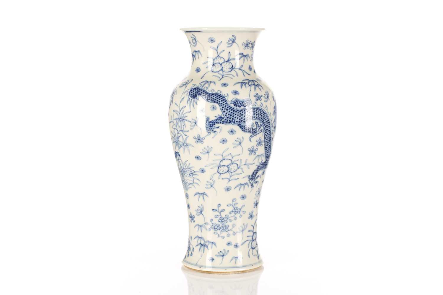 A Chinese blue & white porcelain dragon vase, painted with two opposing dragons amongst auspicious - Image 3 of 5