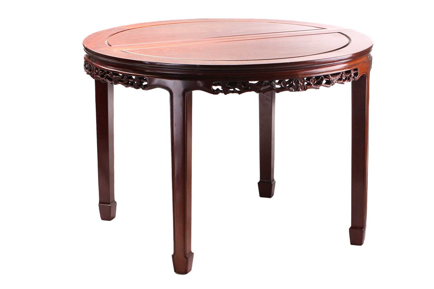 A 20th-century Chinese padouk wood extending circular dining table with single leaf insert and six - Image 4 of 10