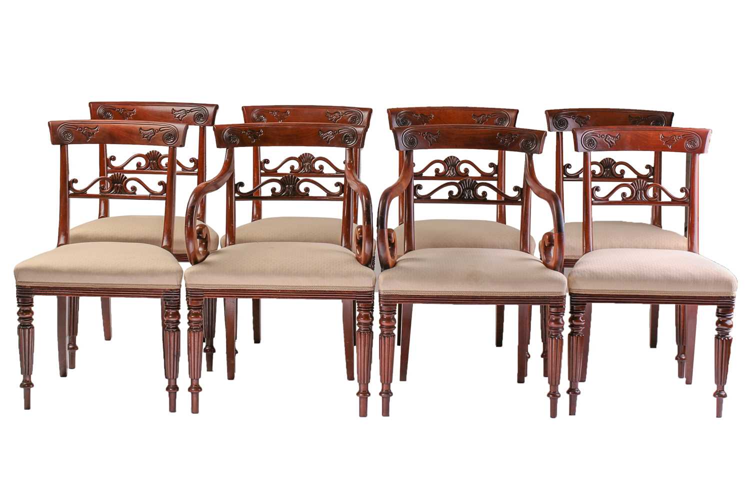 Set of eight William IV mahogany dining chairs comprising a pair of open armchairs and six singles ,