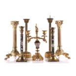 Three pairs of decorative candlesticks, 19th century and later, to include a pair of cloisonne