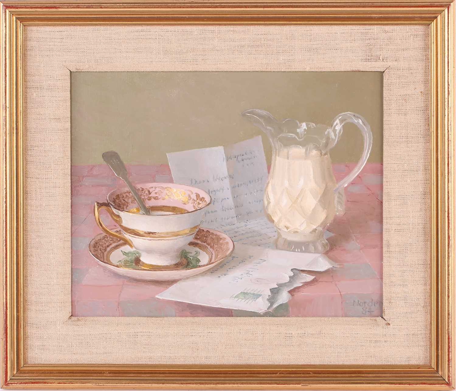 Gerald Norden (1912-2000), 'Cup of Tea with a Letter', still life oil on board signed and dated