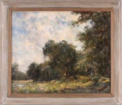 20th century English School, rural landscape, unsigned oil on canvas, 49 cm x 60 cm in a wooden