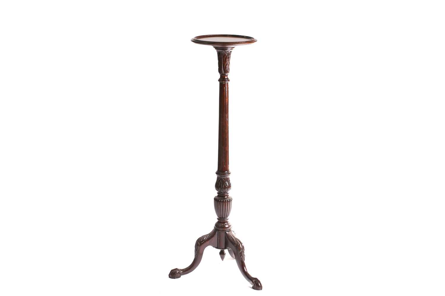 A George III style mahogany pillar torchere with dish top and tripod base, 122 cm highNo apparent - Image 2 of 3