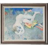 Lino Dinetto (b.1927) Italian, nude female by a pond, large oil on canvas, signed to lower right