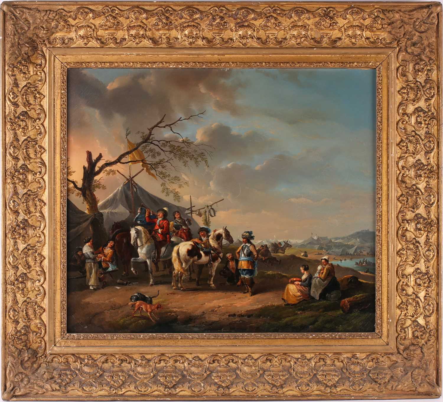 18th century Continental school, soldiers and horses at rest, battlefield encampment to the