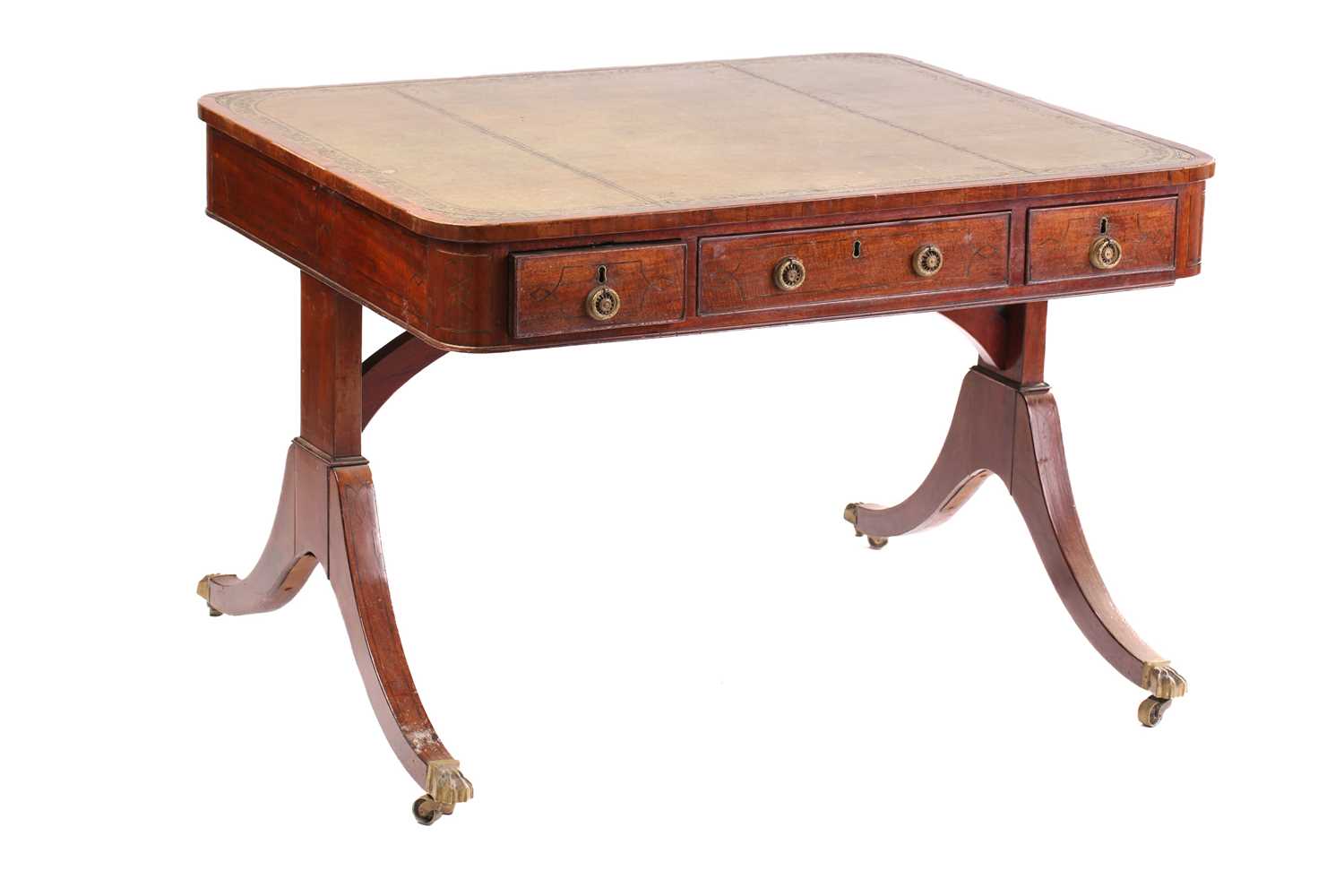 An unusual George IV ebony strung library table with crossbanded and tooled leather inset top with - Image 4 of 5