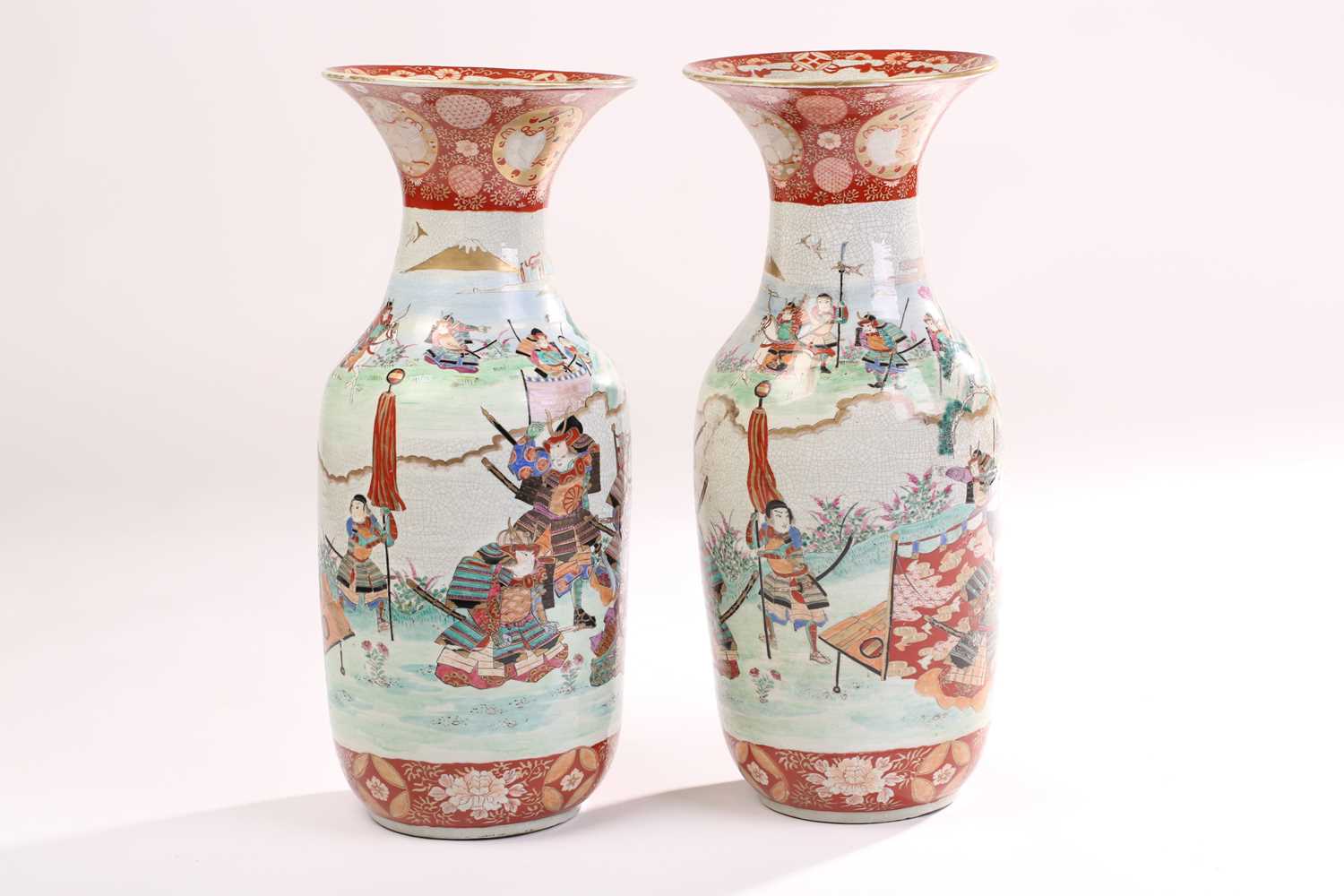 A large pair of Japanese porcelain baluster vase with flared necks. 20th century. Painted with - Image 5 of 6