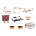 A collection of silver and plated ware including modern silver bottle coasters, cased orange peeler,