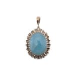 An aquamarine and diamond pendant, with an oval rose cut aquamarine collet set in a scalloped