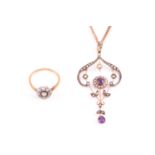 An Art Nouveau pendant and diamond daisy head ring, the pendant consists of two round amethyst