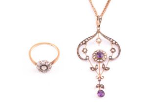 An Art Nouveau pendant and diamond daisy head ring, the pendant consists of two round amethyst
