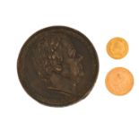 Two gold coins and a bronze medal, to include a George V London Mint full sovereign gold coin, dated