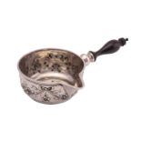 A Continental white metal brandy warming-pan marks obliterated. The bowl with repouse worked swags