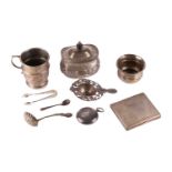 A small collection of silver items including a late Victorian silver sugar box, London 1894 by