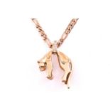 A cat pendant on chain, depicting a stylised cat being picked up by its middle, suspended on a loop,