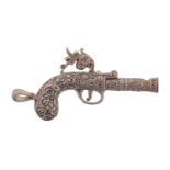 A 20th century cast white metal novelty whistle in the form of a George III pocket pistol bearing