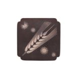 Georg Jensen - a square silver and steel brooch, with wheat spike motif inlay to an oxidised iron