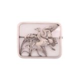 Georg Jensen - a rectangular openwork brooch, depicting a duck flying above pond bulrushes, fitted