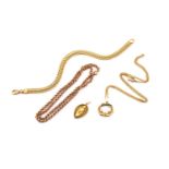 A collection of chains and a pendant, to include a figure of eight link bracelet in yellow metal,