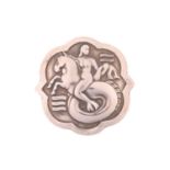Georg Jensen - an embossed brooch, stylised frame enclosing a mermaid riding a hippocampus, fitted