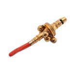 A George III silver gilt and coral sprigg baby's teething rattle/whistle, London 1806 by Morris