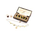 A box of dress studs and a small collection of 9ct gold jewellery, consisting of the OP stud set