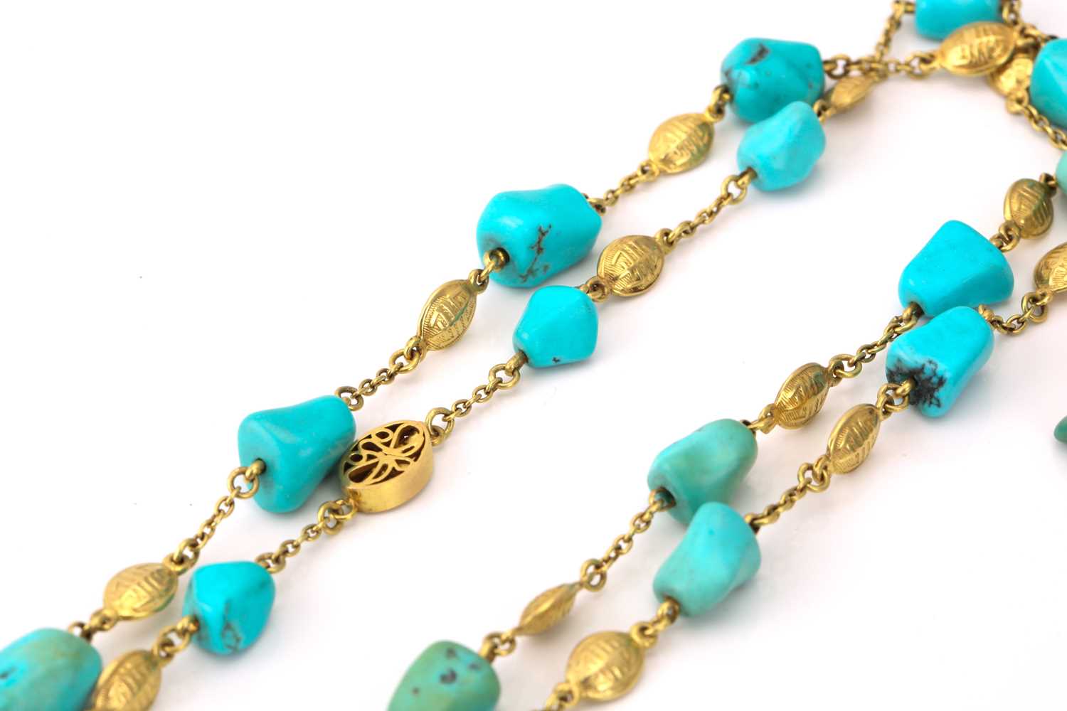 A group turquoise lot and a chain with pearls; to include a long turquoise bead necklace with 'Shou' - Image 3 of 4
