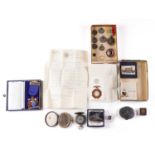 A mixed lot of medals, a House of Lords vanity mirror, another, a compass, a yellow metal cut