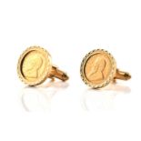 A pair of Krugerrand coin cufflinks, each comprises of a South African Krugerrand coin framed in a