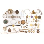 A small collection of scrap silver and gold items including a YlangYlang bracelet, fob watch,