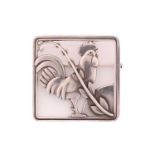 Georg Jensen - A cockerel brooch, depicting a cockerel with fern accent in a square frame, with