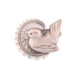 Georg Jensen - A silver brooch, depicting wren with fern wreath, with hinged pin stem and safety