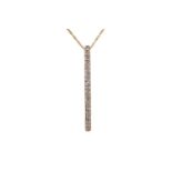 A diamond bar pendant on chain, comprises a 9ct bi-coloured gold bar pendant pavé-set with twenty