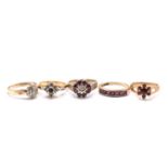 A lot of five gem-set gold rings, to include a 9ct gold and diamond cluster ring, London