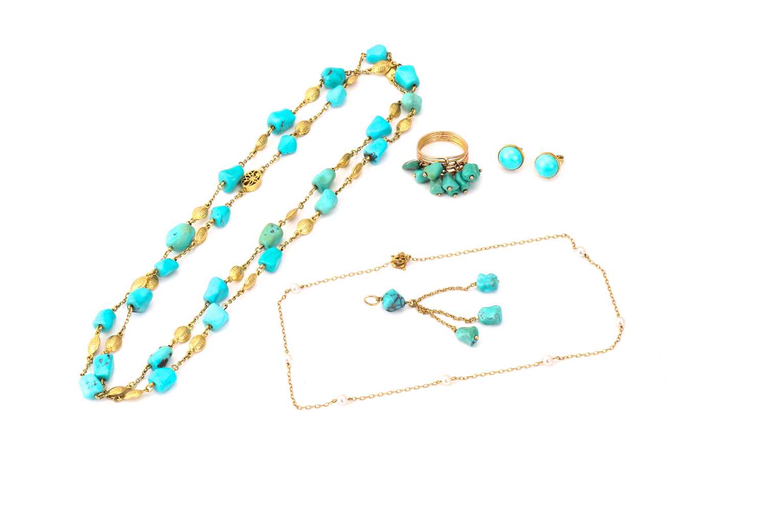 A group turquoise lot and a chain with pearls; to include a long turquoise bead necklace with 'Shou'