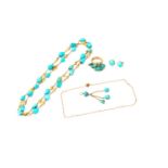 A group turquoise lot and a chain with pearls; to include a long turquoise bead necklace with 'Shou'