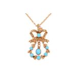 A turquoise and seed pearl pendant on chain, comprises blue turquoise cabochons collet set in a
