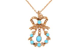 A turquoise and seed pearl pendant on chain, comprises blue turquoise cabochons collet set in a