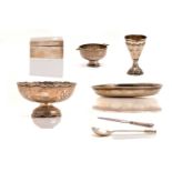 A small collection of silver items including an Arts & Crafts silver two-handled porringer, London