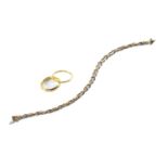 A 9ct gold bracelet and two 22ct gold plain wedding bands, to include a bi-coloured gold chain