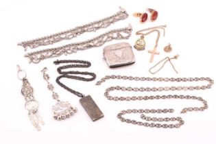 A miscellaneous collection of silver and 9ct gold items, to include a silver vesta case, engraved
