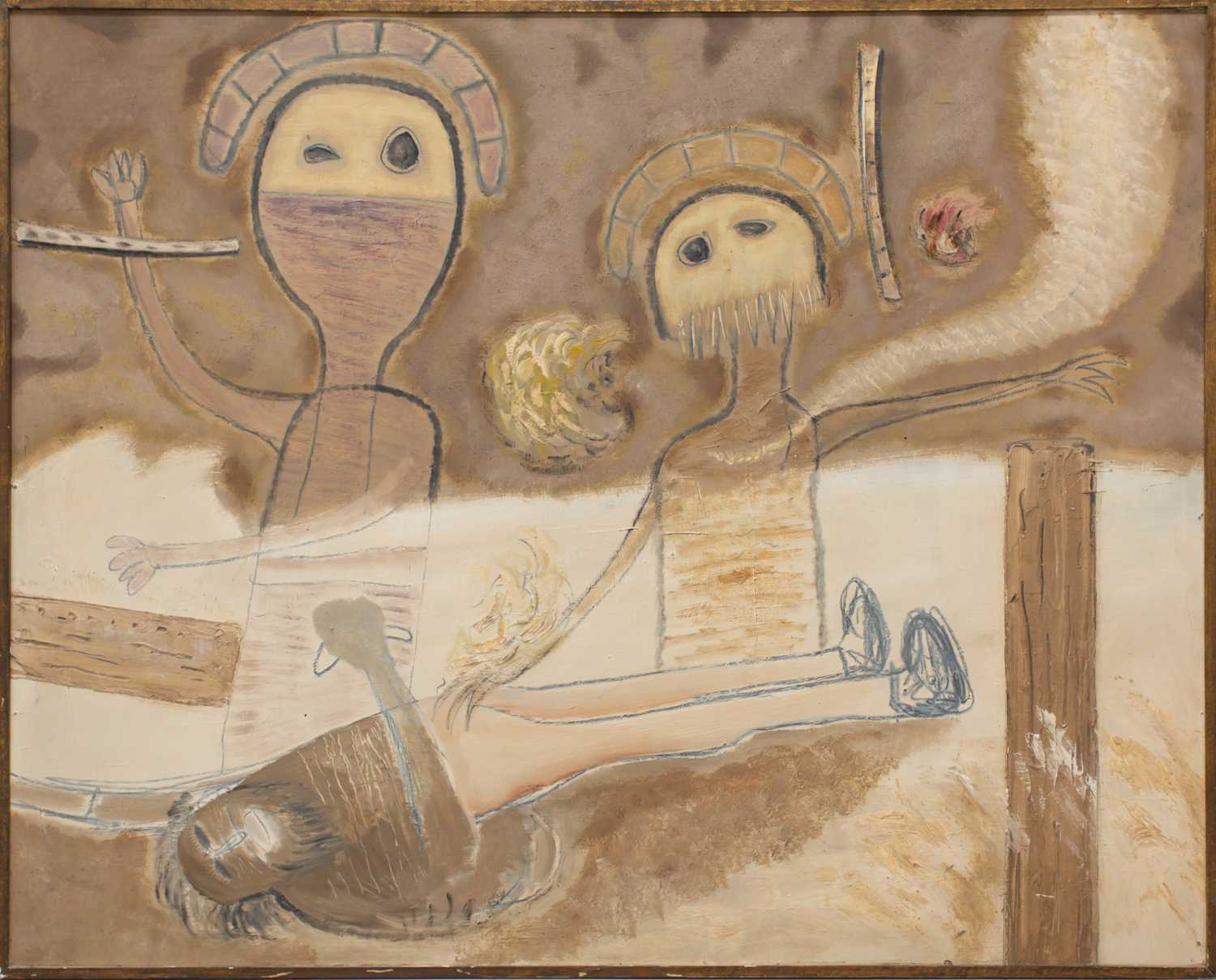 Kenneth Rowell (1920-1999), a large abstract study depicting three figures, mixed media on panel,