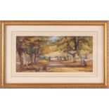 19th century English school, a woodland landscape with a seated figure, unsigned watercolour, 16